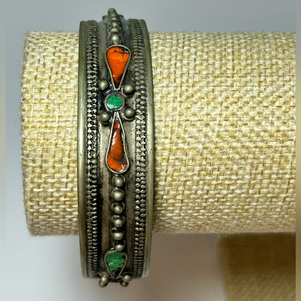 Vintage Antique Enameled Berber Bangle Coin Silver Coral and Turquoise Colors